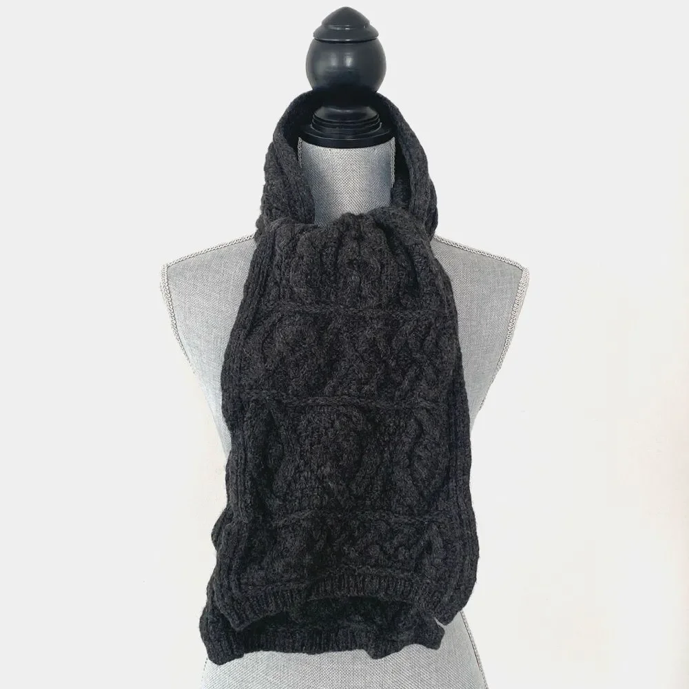 Aran Crafts Charcoal Merino Wool Knit Scarf Made In Ireland Fisherman Cable Knit